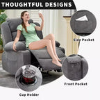 Fauteuil inclinable large en tissu surdimensionné avec languette manuelle, porte-gobelets, poche latérale, inclinaison 3 positions, canapé simple de style minimaliste
