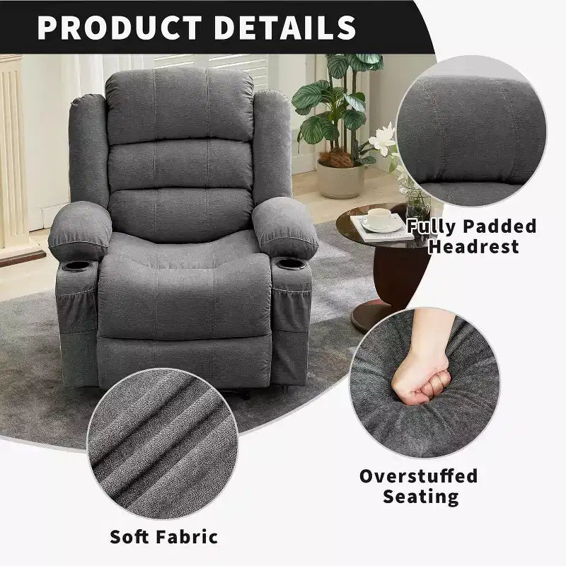 Fauteuil inclinable large en tissu surdimensionné avec languette manuelle, porte-gobelets, poche latérale, inclinaison 3 positions, canapé simple de style minimaliste