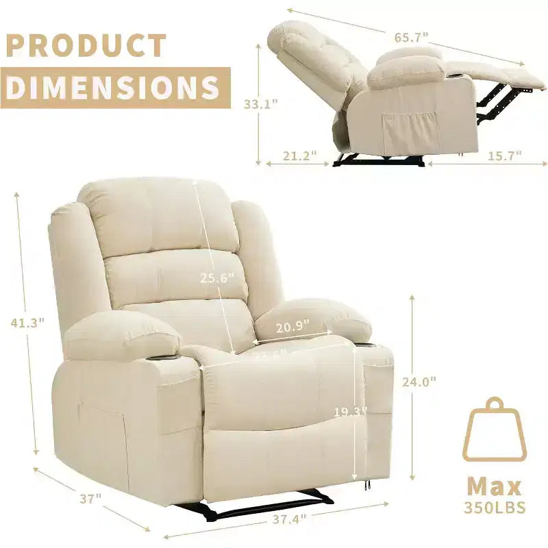 Fauteuil inclinable large en tissu surdimensionné avec languette manuelle, porte-gobelets, poche latérale, inclinaison 3 positions, canapé simple de style minimaliste