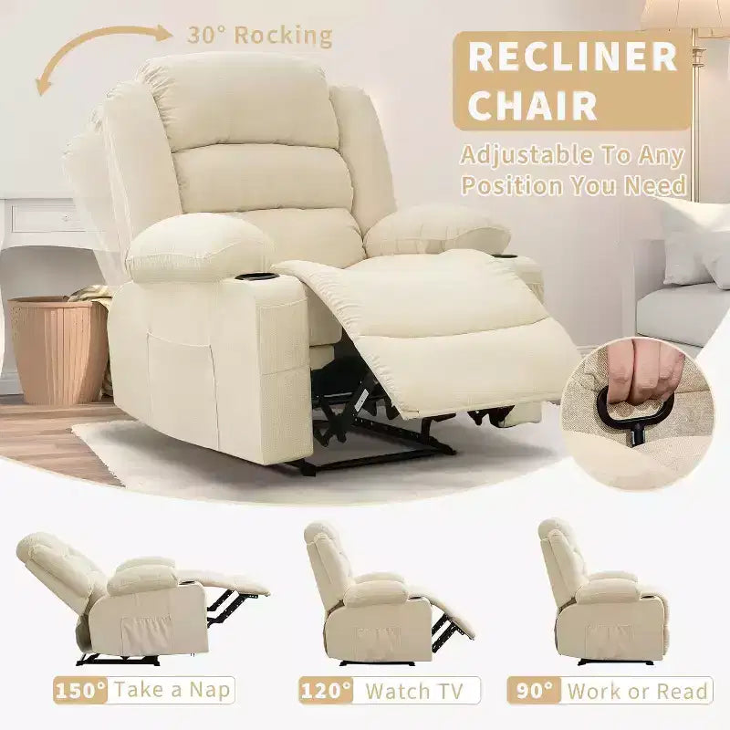 Fauteuil inclinable large en tissu surdimensionné avec languette manuelle, porte-gobelets, poche latérale, inclinaison 3 positions, canapé simple de style minimaliste