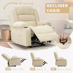 Fauteuil inclinable large en tissu surdimensionné avec languette manuelle, porte-gobelets, poche latérale, inclinaison 3 positions, canapé simple de style minimaliste
