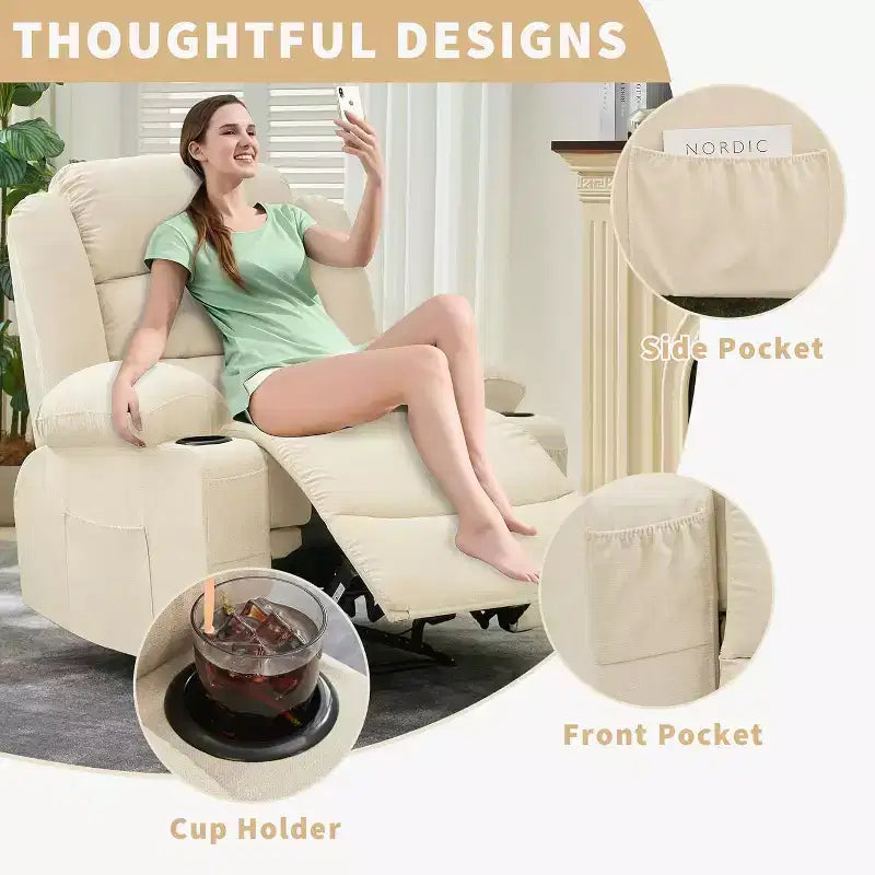 Fauteuil inclinable large en tissu surdimensionné avec languette manuelle, porte-gobelets, poche latérale, inclinaison 3 positions, canapé simple de style minimaliste