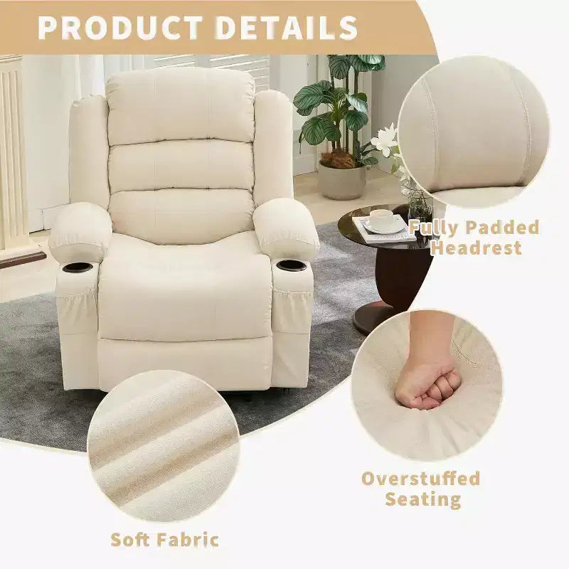 Fauteuil inclinable large en tissu surdimensionné avec languette manuelle, porte-gobelets, poche latérale, inclinaison 3 positions, canapé simple de style minimaliste