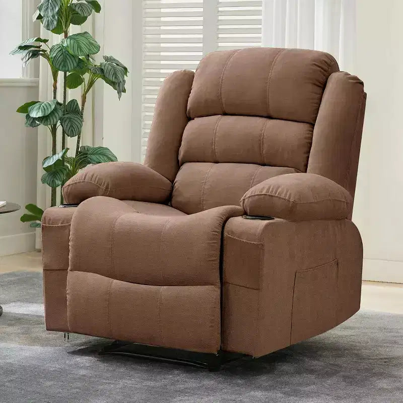 Fauteuil inclinable large en tissu surdimensionné avec languette manuelle, porte-gobelets, poche latérale, inclinaison 3 positions, canapé simple de style minimaliste