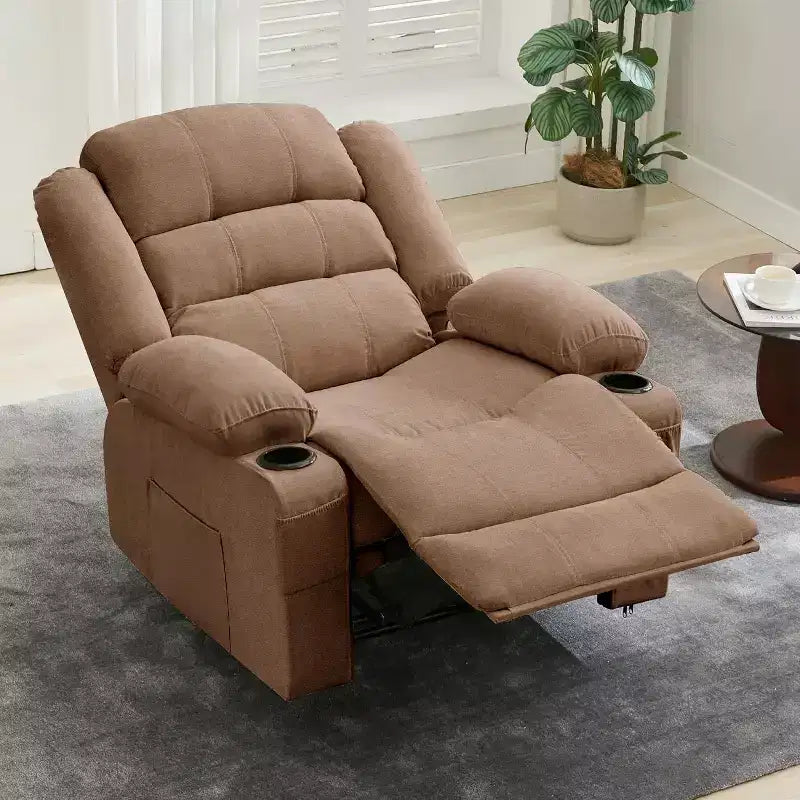 Fauteuil inclinable large en tissu surdimensionné avec languette manuelle, porte-gobelets, poche latérale, inclinaison 3 positions, canapé simple de style minimaliste