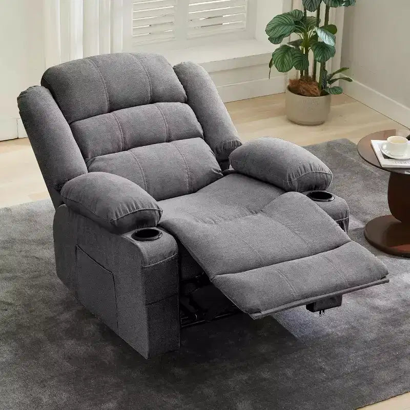 Fauteuil inclinable large en tissu surdimensionné avec languette manuelle, porte-gobelets, poche latérale, inclinaison 3 positions, canapé simple de style minimaliste