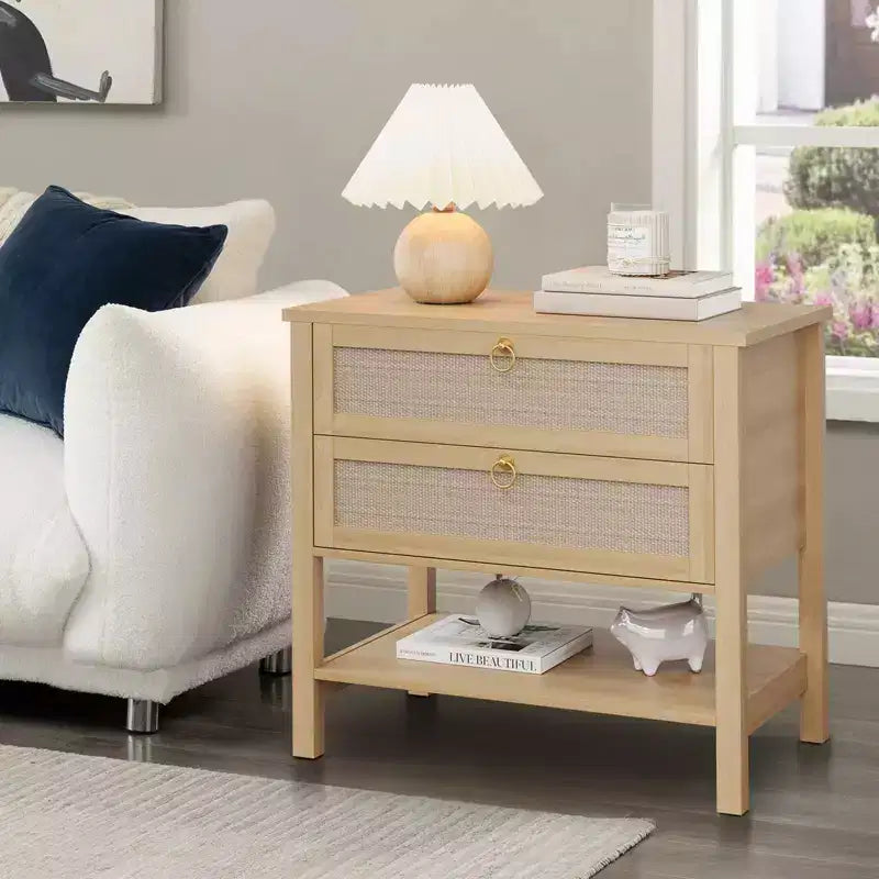 Lot de 2 tables de chevet, tables de nuit en rotin avec 2 tiroirs, tables d'appoint pour petits espaces, tables de chevet étroites, tables d'appoint décoratives pour salon.