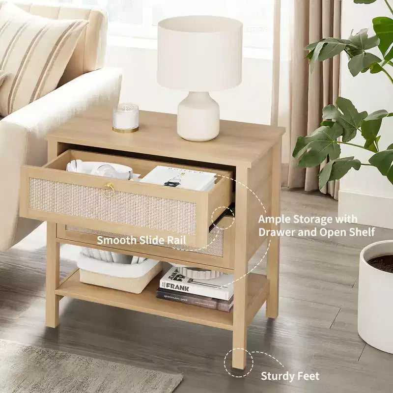 Lot de 2 tables de chevet, tables de nuit en rotin avec 2 tiroirs, tables d'appoint pour petits espaces, tables de chevet étroites, tables d'appoint décoratives pour salon.