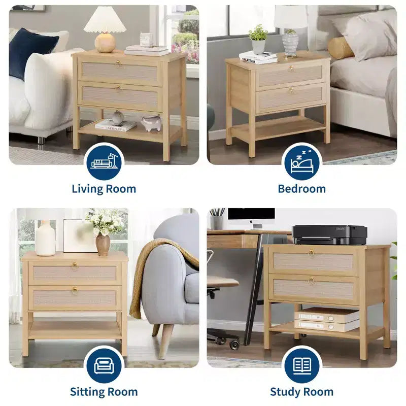 Lot de 2 tables de chevet, tables de nuit en rotin avec 2 tiroirs, tables d'appoint pour petits espaces, tables de chevet étroites, tables d'appoint décoratives pour salon.