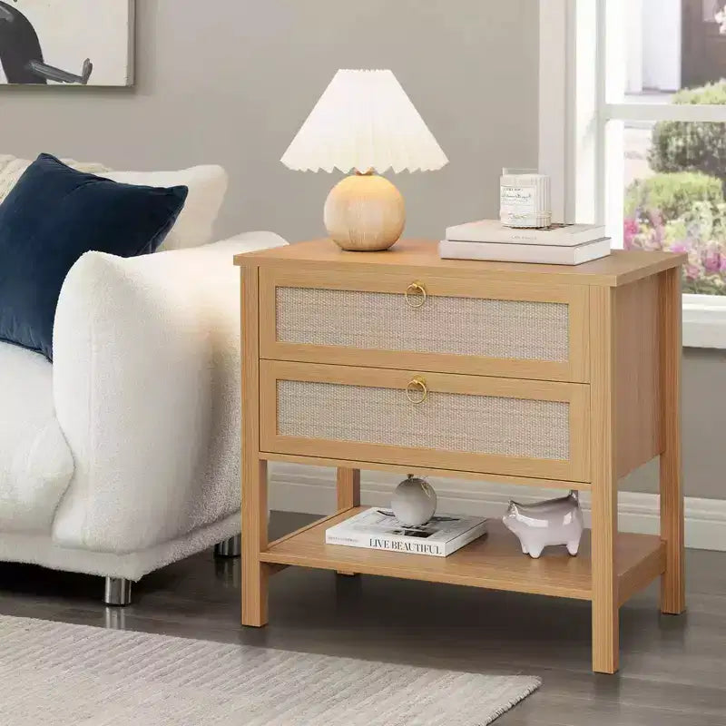 Lot de 2 tables de chevet, tables de nuit en rotin avec 2 tiroirs, tables d'appoint pour petits espaces, tables de chevet étroites, tables d'appoint décoratives pour salon.