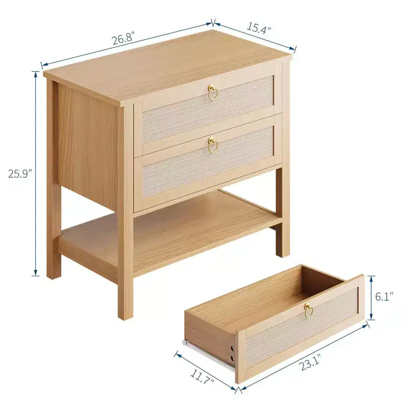 Lot de 2 tables de chevet, tables de nuit en rotin avec 2 tiroirs, tables d'appoint pour petits espaces, tables de chevet étroites, tables d'appoint décoratives pour salon.