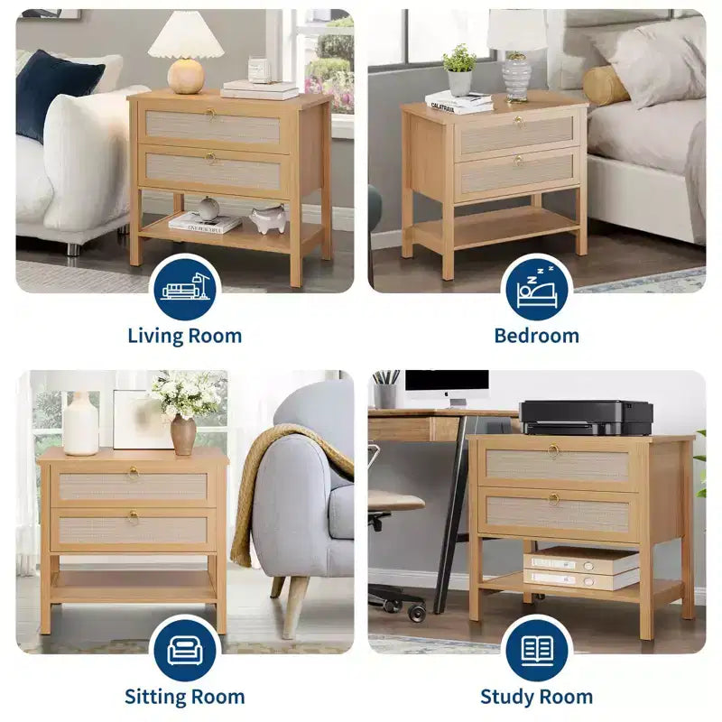 Lot de 2 tables de chevet, tables de nuit en rotin avec 2 tiroirs, tables d'appoint pour petits espaces, tables de chevet étroites, tables d'appoint décoratives pour salon.