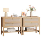 Nightstand Set of 2, Rattan Bedside Table with 2 Drawers, Sofa Side Table for Small Spaces, Narrow Bedside Table, Accent End Table for Living Room
