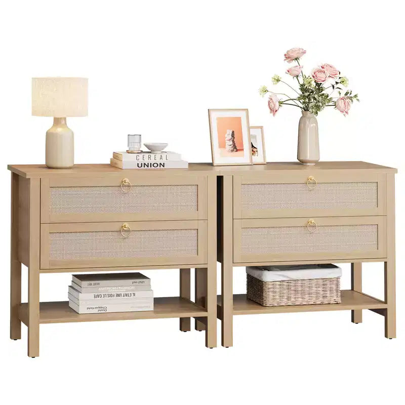 Lot de 2 tables de chevet, tables de nuit en rotin avec 2 tiroirs, tables d'appoint pour petits espaces, tables de chevet étroites, tables d'appoint décoratives pour salon.