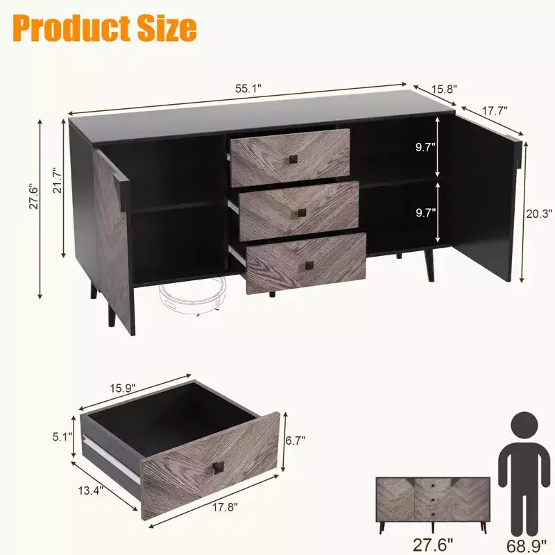Meuble de rangement autoportant CuisinSmart, buffet avec tiroirs et portes, bahut en bois avec rangement pour salle à manger