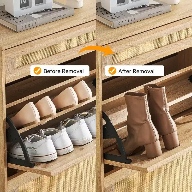 Meuble à chaussures à 3 niveaux avec tiroirs basculants – Organisateur étroit en rotin avec pieds en métal pour entrée