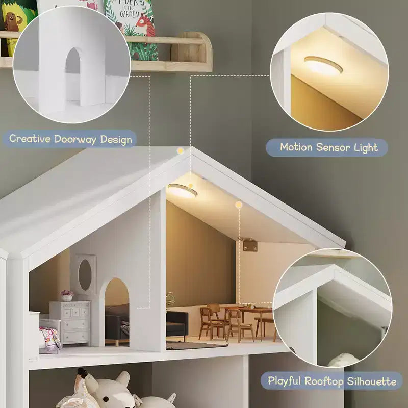 Étagère à Livres en Bois pour Tout-Petits avec Lumière à Détecteur de Mouvement, Organiseur de Rangement de Jouets pour Enfants, Bibliothèque de Style Maison de Poupée pour Salle de Jeux, Chambre à Coucher et Crèche