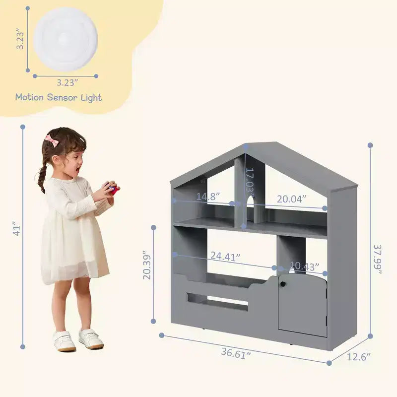 Étagère à Livres en Bois pour Tout-Petits avec Lumière à Détecteur de Mouvement, Organiseur de Rangement de Jouets pour Enfants, Bibliothèque de Style Maison de Poupée pour Salle de Jeux, Chambre à Coucher et Crèche