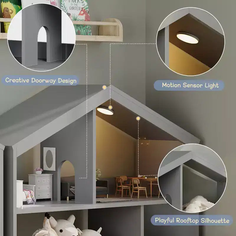 Étagère à Livres en Bois pour Tout-Petits avec Lumière à Détecteur de Mouvement, Organiseur de Rangement de Jouets pour Enfants, Bibliothèque de Style Maison de Poupée pour Salle de Jeux, Chambre à Coucher et Crèche