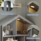 Étagère à Livres en Bois pour Tout-Petits avec Lumière à Détecteur de Mouvement, Organiseur de Rangement de Jouets pour Enfants, Bibliothèque de Style Maison de Poupée pour Salle de Jeux, Chambre à Coucher et Crèche