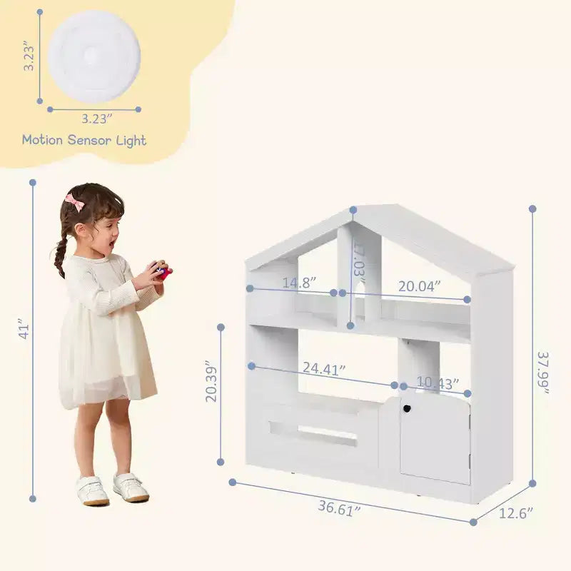 Étagère à Livres en Bois pour Tout-Petits avec Lumière à Détecteur de Mouvement, Organiseur de Rangement de Jouets pour Enfants, Bibliothèque de Style Maison de Poupée pour Salle de Jeux, Chambre à Coucher et Crèche