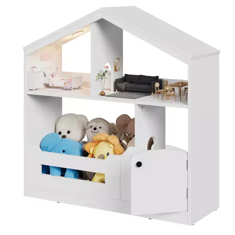 Étagère à Livres en Bois pour Tout-Petits avec Lumière à Détecteur de Mouvement, Organiseur de Rangement de Jouets pour Enfants, Bibliothèque de Style Maison de Poupée pour Salle de Jeux, Chambre à Coucher et Crèche