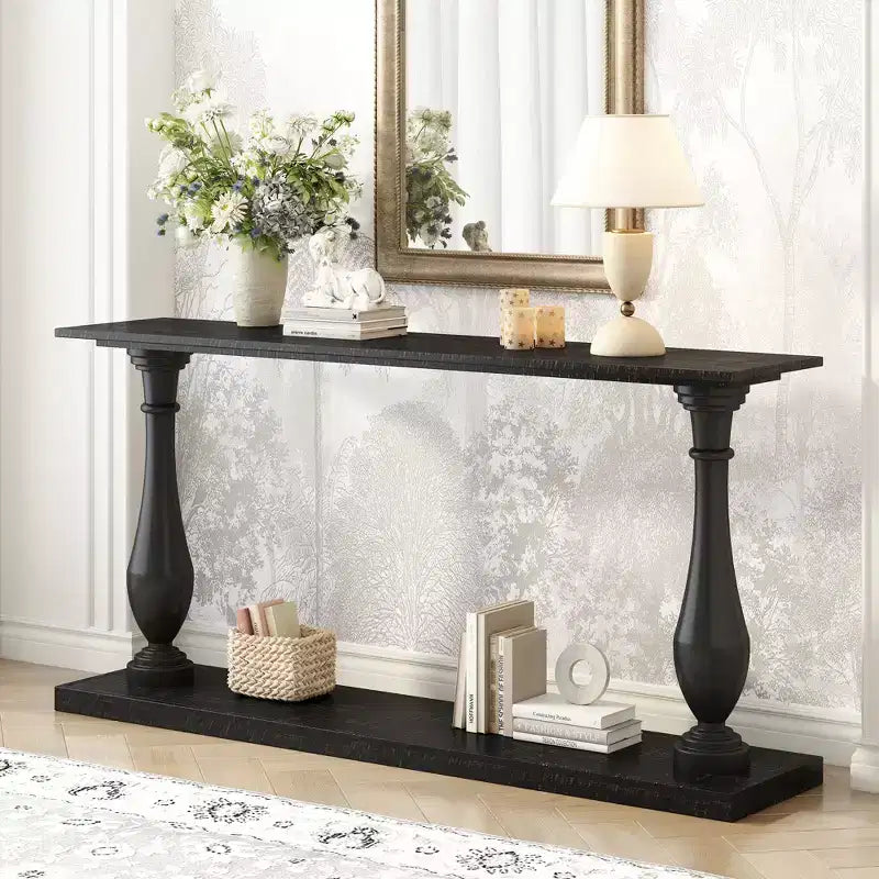 Okak 63IN Console d'entrée Vintage avec placage en pin, table console avec pieds effilés élégants et étagère ouverte, table de couloir pour salon, noir