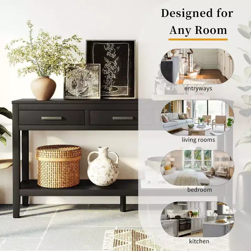 Okak Table console de ferme de 150 cm avec étagère inférieure, table console étroite avec 3 tiroirs et poignées en fer, table d'appoint pour couloir, entrée, noir