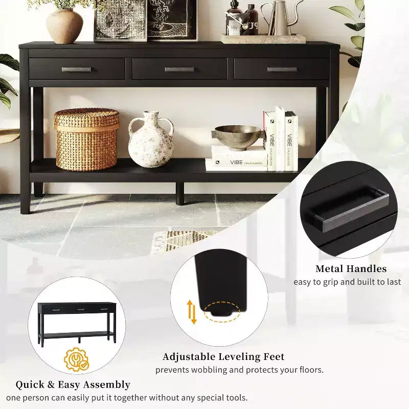 Okak Table console de ferme de 150 cm avec étagère inférieure, table console étroite avec 3 tiroirs et poignées en fer, table d'appoint pour couloir, entrée, noir