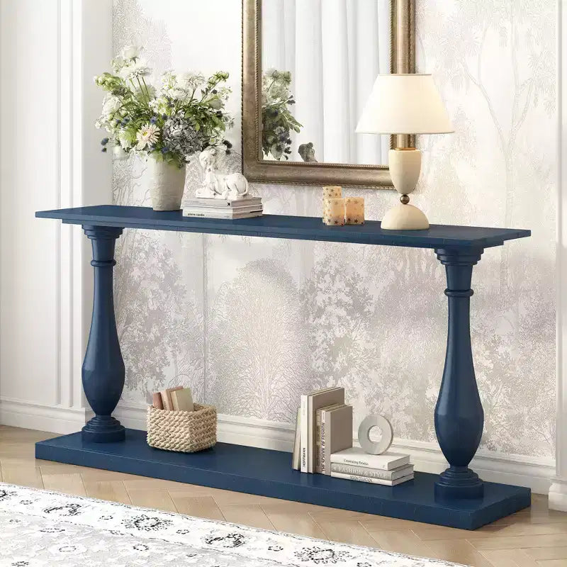 Table d'entrée vintage Okak 63IN avec placage de pin, console avec élégants pieds fuselés et étagère ouverte, table de couloir pour salon, bleue