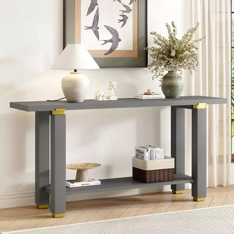 Okak Table console étroite moderne de 160 cm, Table d'entrée avec accents métalliques et étagère ouverte, Table d'appoint pour salon, couloir, Gris