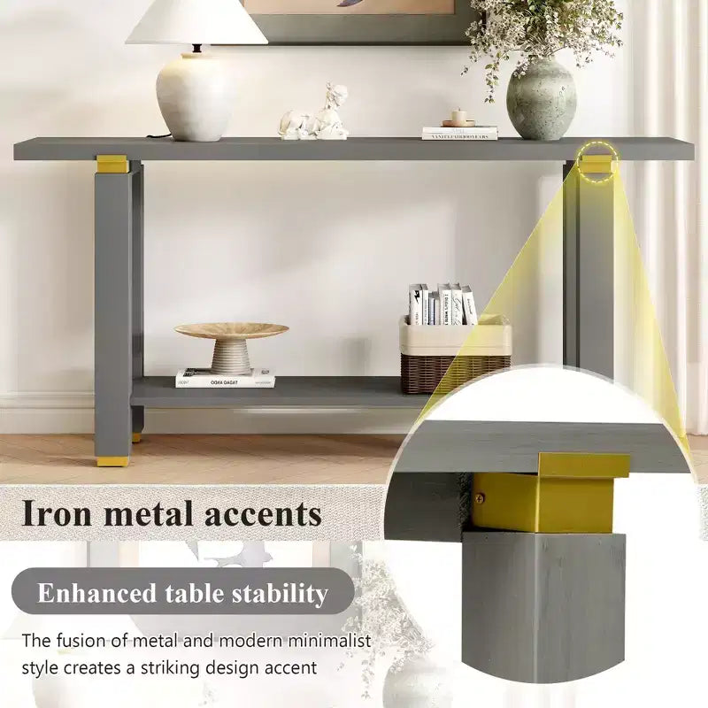 Okak Table console étroite moderne de 160 cm, Table d'entrée avec accents métalliques et étagère ouverte, Table d'appoint pour salon, couloir, Gris