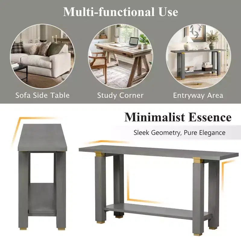 Okak Table console étroite moderne de 160 cm, Table d'entrée avec accents métalliques et étagère ouverte, Table d'appoint pour salon, couloir, Gris