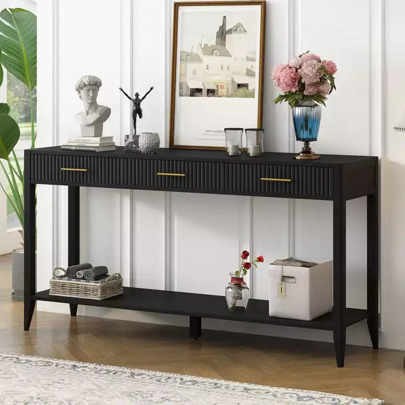 Okak 60IN Table Console Étroite Moderne avec Étagère de Rangement, Table d'Entrée avec 3 Tiroirs et Poignée en Métal, Table d'Appoint pour Salon, Foyer, Noir