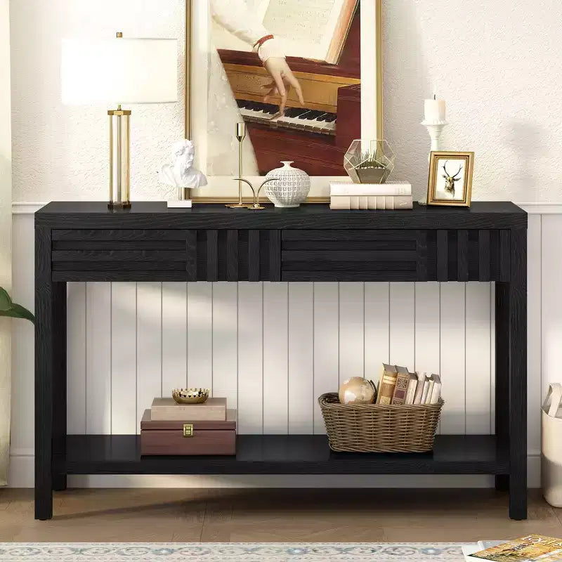 Okak 51.3IN Modern Console Table with Ash Veneer and Striped Design, Entryway Table with 2 Drawers, Hallway Table for Living Room, Foyer, Black