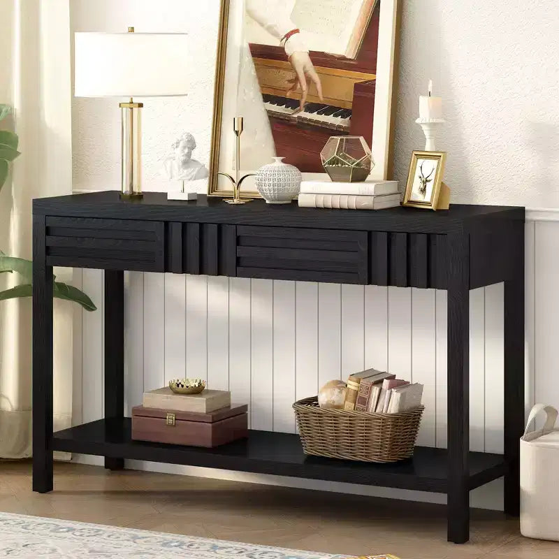 Table console moderne Okak de 130 cm avec placage en frêne et design rayé, table d'entrée avec 2 tiroirs, table de couloir pour salon, foyer, noir