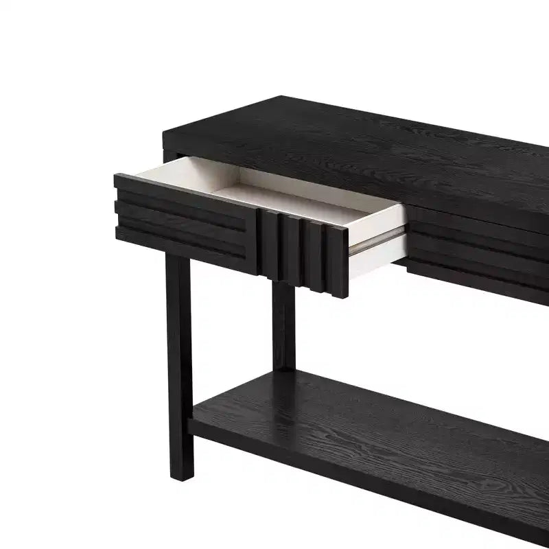 Table console moderne Okak de 130 cm avec placage en frêne et design rayé, table d'entrée avec 2 tiroirs, table de couloir pour salon, foyer, noir