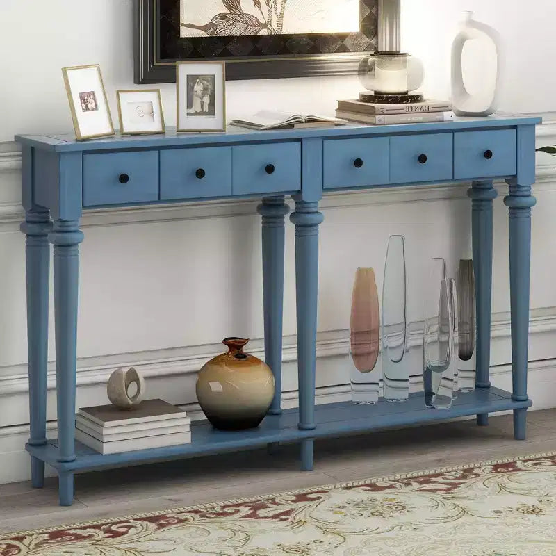 Okak Table d'entrée rétro de 151,9 cm avec 4 tiroirs, Console étroite avec étagères ouvertes, Table de couloir pour salon, hall d'entrée, Bleu marine