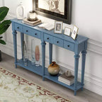 Okak Table d'entrée rétro de 151,9 cm avec 4 tiroirs, Console étroite avec étagères ouvertes, Table de couloir pour salon, hall d'entrée, Bleu marine