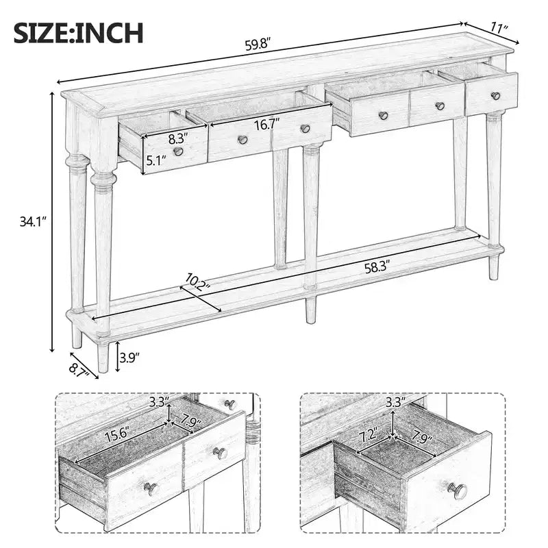 Okak Table d'entrée rétro de 151,9 cm avec 4 tiroirs, Console étroite avec étagères ouvertes, Table de couloir pour salon, hall d'entrée, Bleu marine