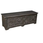 HomeRoots 52 Black Distressed Solid Wood Carved Floral Storage Ottoman