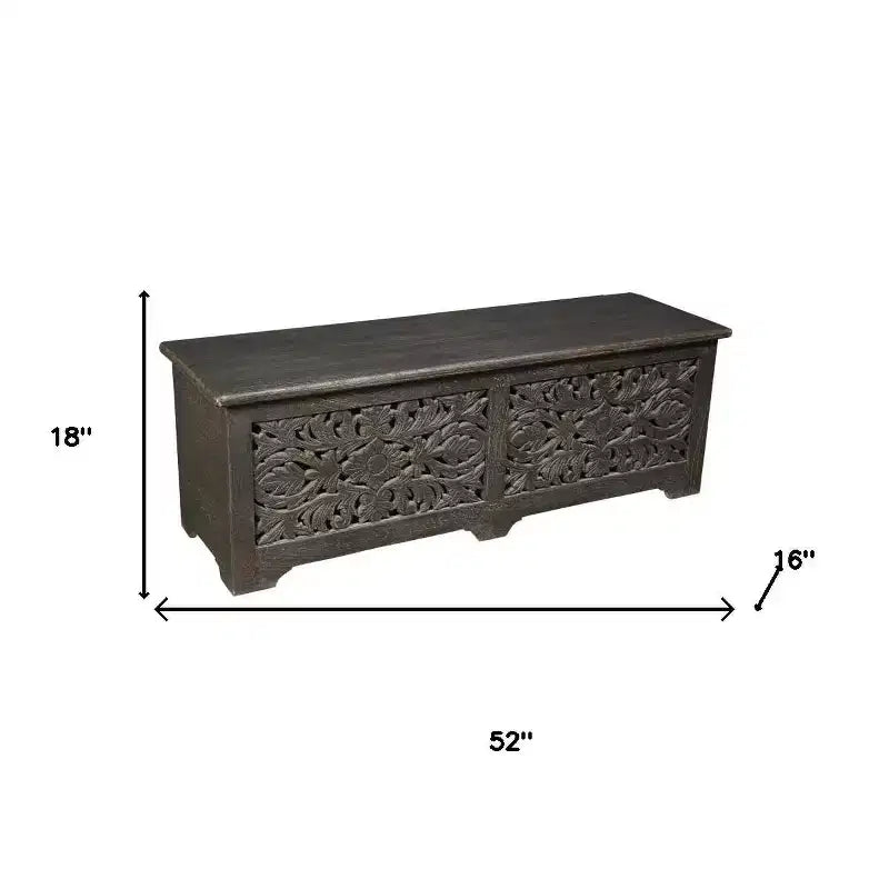 HomeRoots Pouf de rangement floral sculpté en bois massif vieilli noir 52