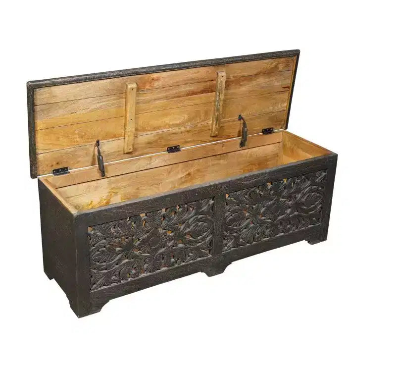 HomeRoots Pouf de rangement floral sculpté en bois massif vieilli noir 52