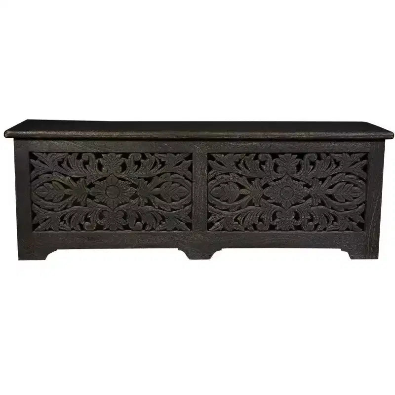 HomeRoots Pouf de rangement floral sculpté en bois massif vieilli noir 52