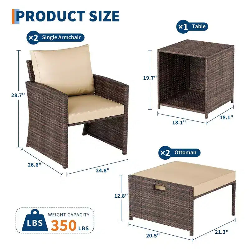 Ensemble de conversation d'extérieur 5 pièces avec 2 poufs et table, chaises longues en rotin PE tout temps avec coussins moelleux, parfait pour balcon, véranda