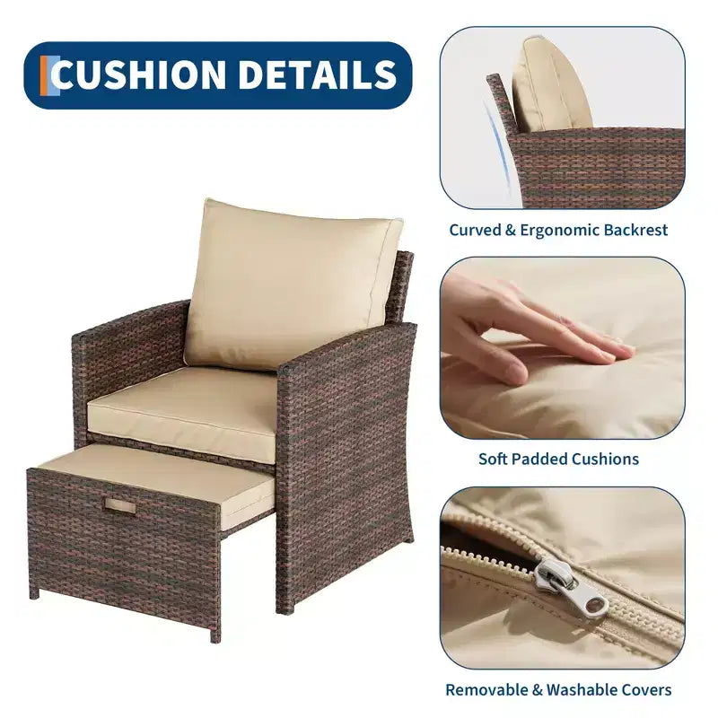 Ensemble de conversation d'extérieur 5 pièces avec 2 poufs et table, chaises longues en rotin PE tout temps avec coussins moelleux, parfait pour balcon, véranda