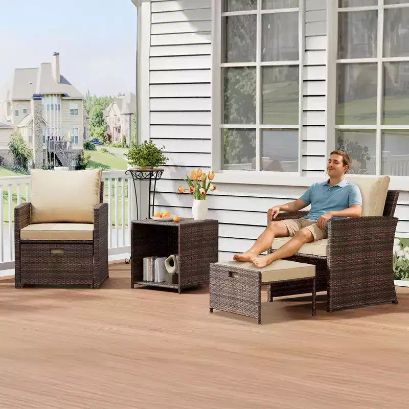 Ensemble de conversation d'extérieur 5 pièces avec 2 poufs et table, chaises longues en rotin PE tout temps avec coussins moelleux, parfait pour balcon, véranda
