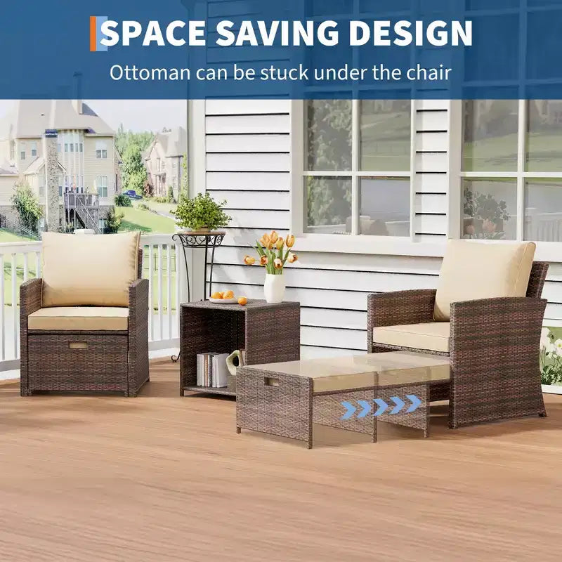 Ensemble de conversation d'extérieur 5 pièces avec 2 poufs et table, chaises longues en rotin PE tout temps avec coussins moelleux, parfait pour balcon, véranda