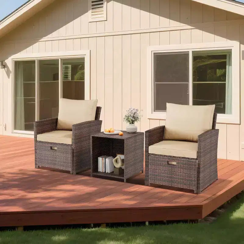 Ensemble de conversation d'extérieur 5 pièces avec 2 poufs et table, chaises longues en rotin PE tout temps avec coussins moelleux, parfait pour balcon, véranda