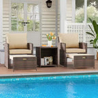 Ensemble de conversation d'extérieur 5 pièces avec 2 poufs et table, chaises longues en rotin PE tout temps avec coussins moelleux, parfait pour balcon, véranda